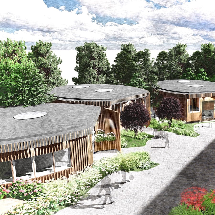 The pods at Rusticus in Nottingham will be series of two-bedroom, self enclosed, accessible living spaces set within the beautiful woodland landscape. Artist's impression shown.